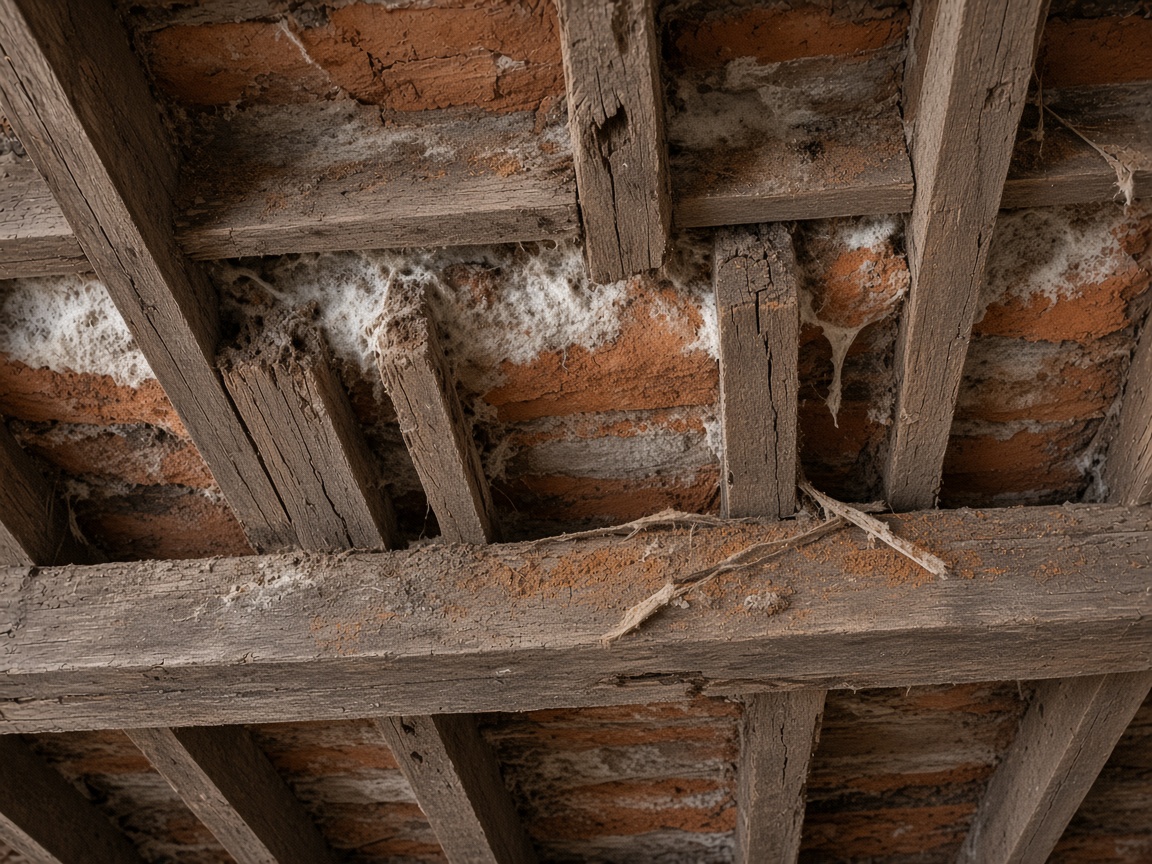 Dry rot exposed in a ceiling void during investigation